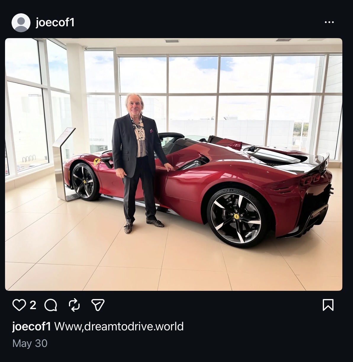 Joe Colangelo Instagram Post www.dreamtodrive.world fraud ferrari raffle