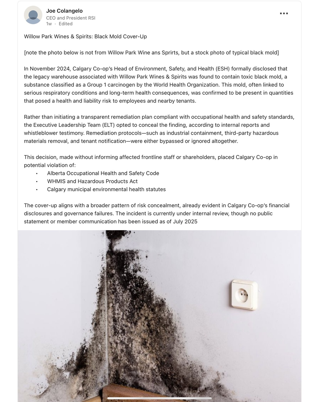 joe colangelo false mold post on calgary coop linkedin