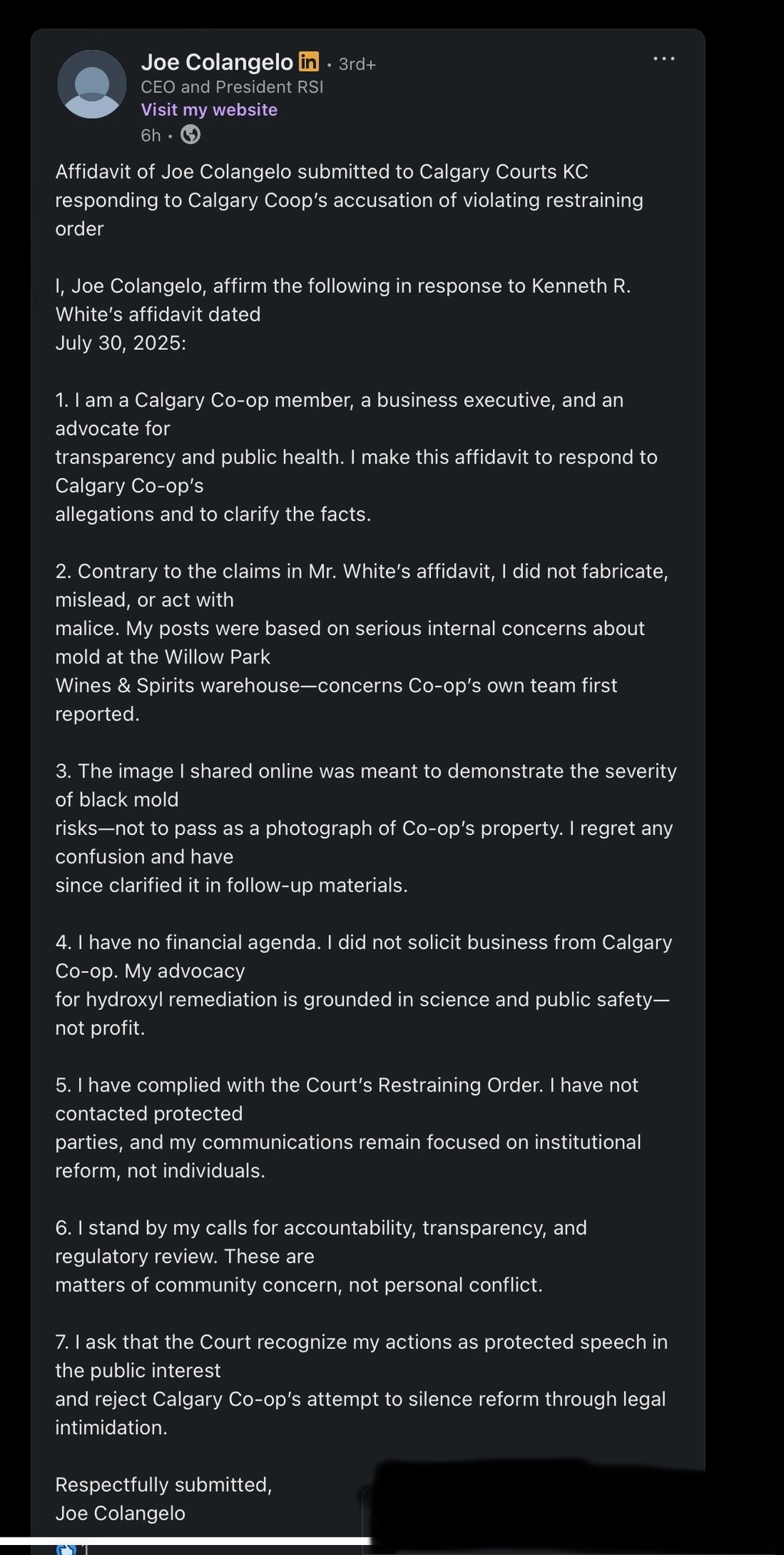 Joe clangelo calgary coop restraining order fraud
