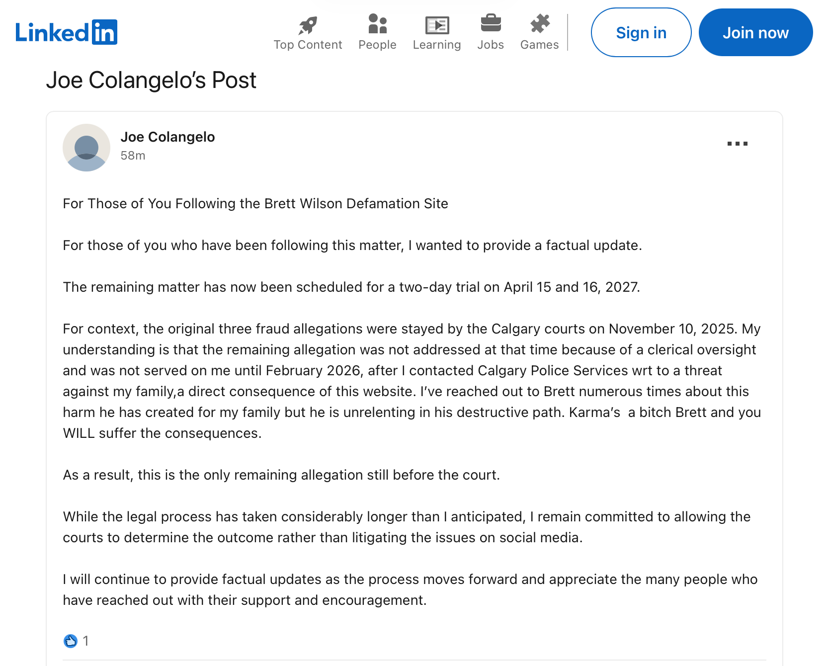 joe colangelo false allegations w brett wilson  criminal charges linkedin post