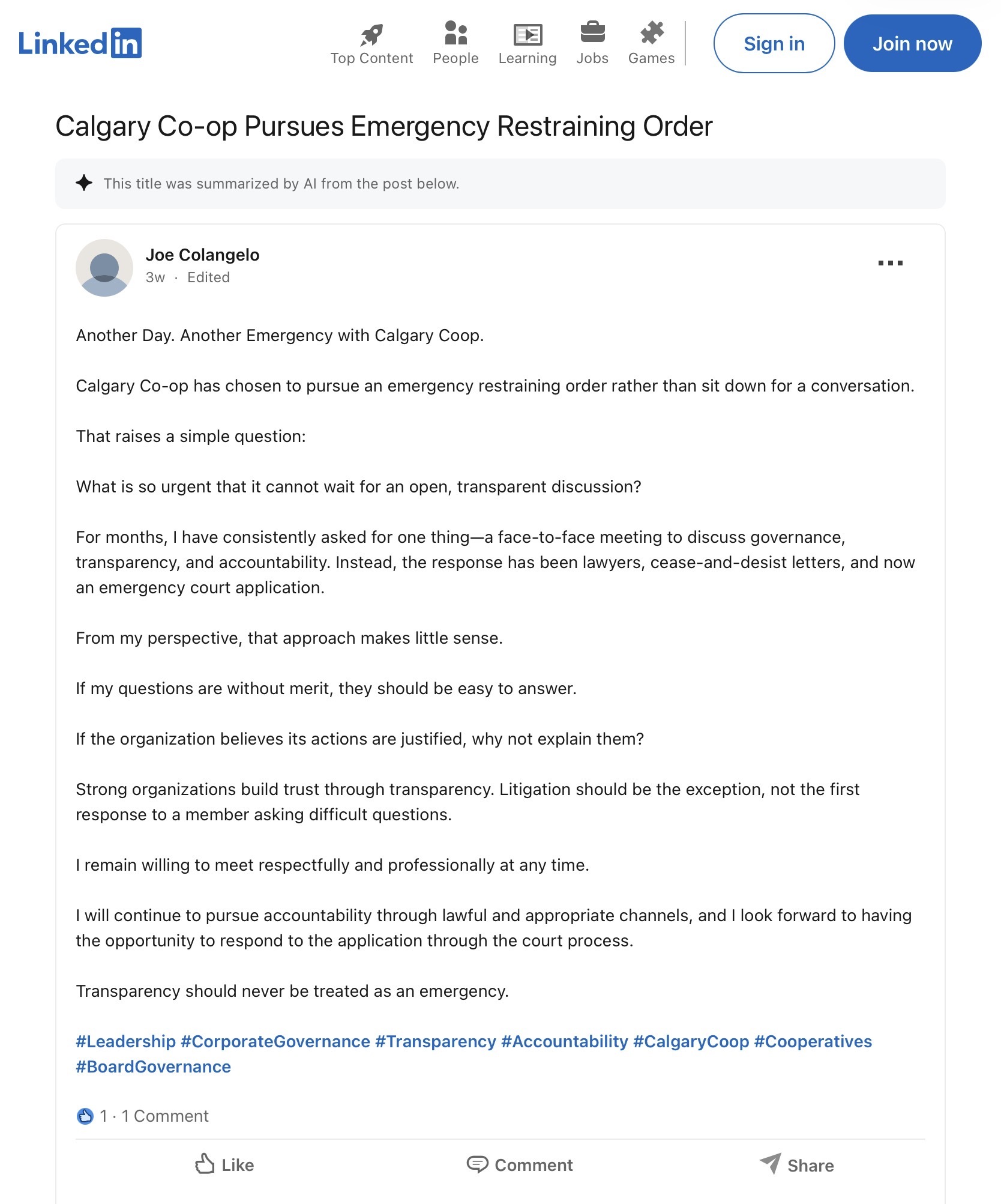 emergency restraining order filed by calgary co-op against joe colangelo calgary