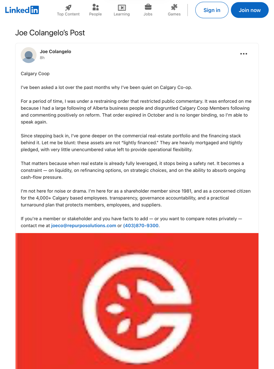 Joe Colangelo Calgary Co-op LinkedIn